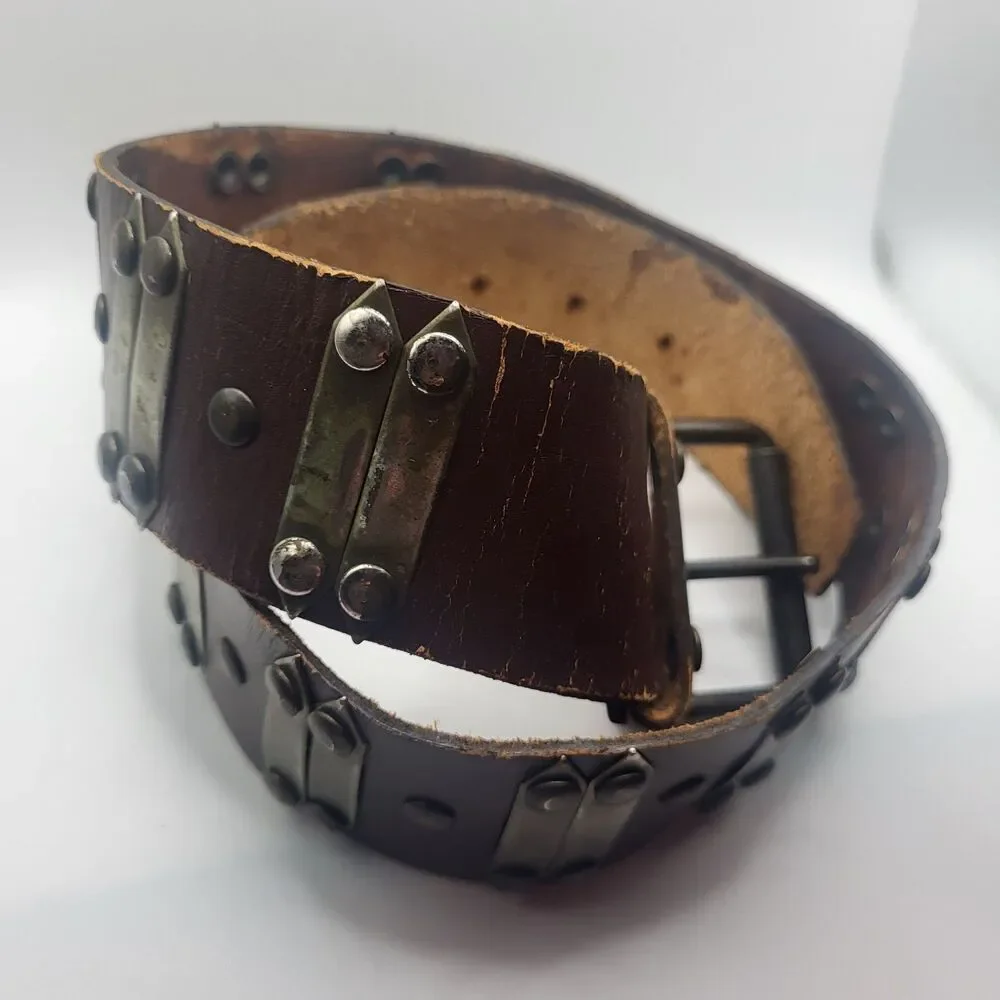 Bohemian Leather Belt With Brass Details Wide Small Length 27.5in to 32.5in